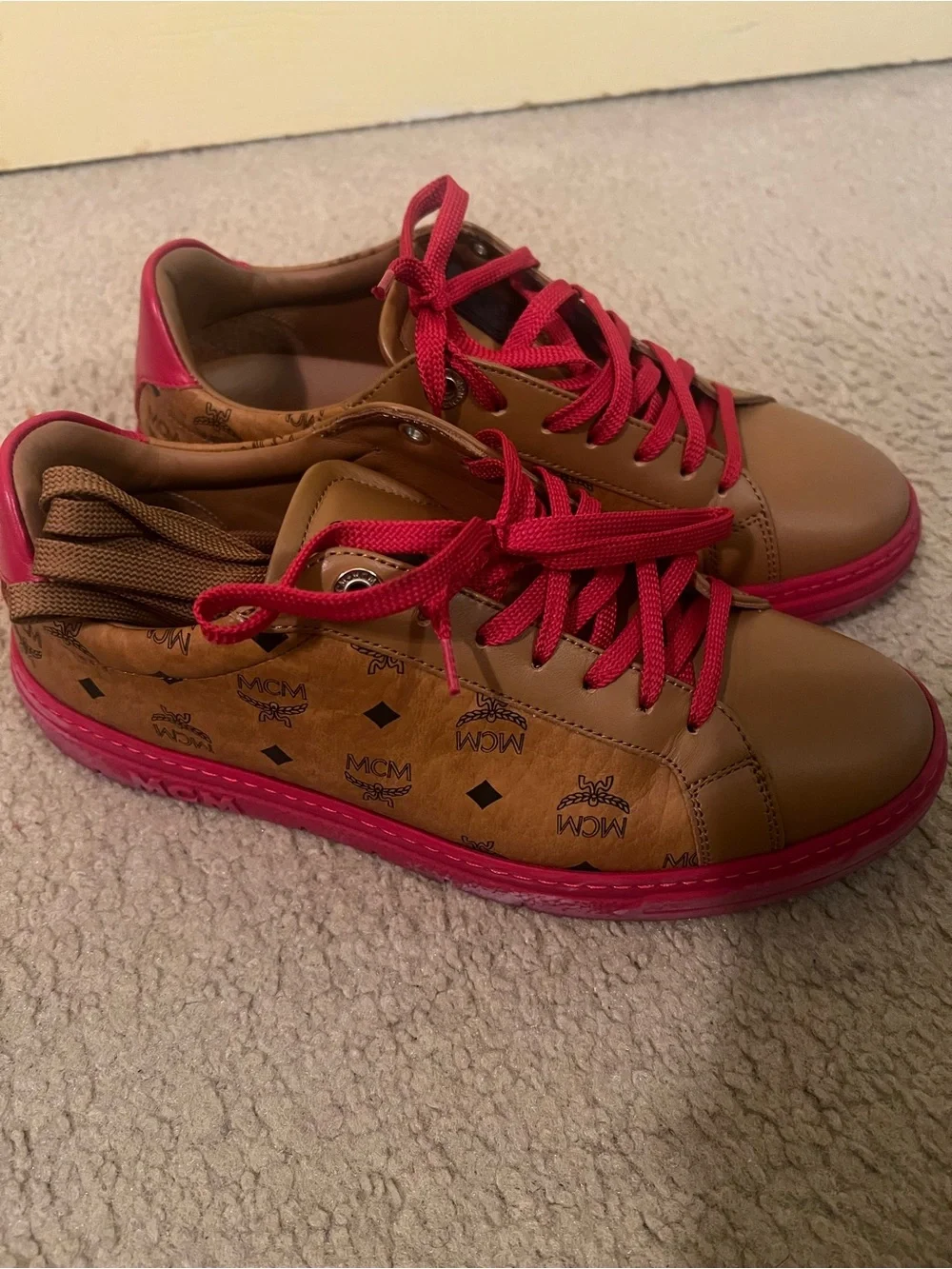 Brown Leather Sneakers with Pink Accents